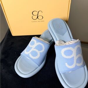 Cosy Island Light Blue Knit Logo Slide Sandals
